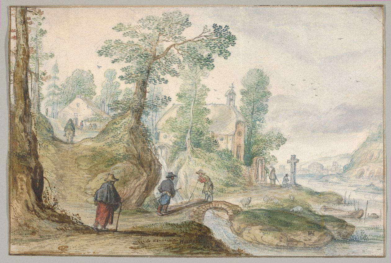 Uma paisagem ribeirinha arborizada com uma igreja e figuras de Hendrick Avercamp