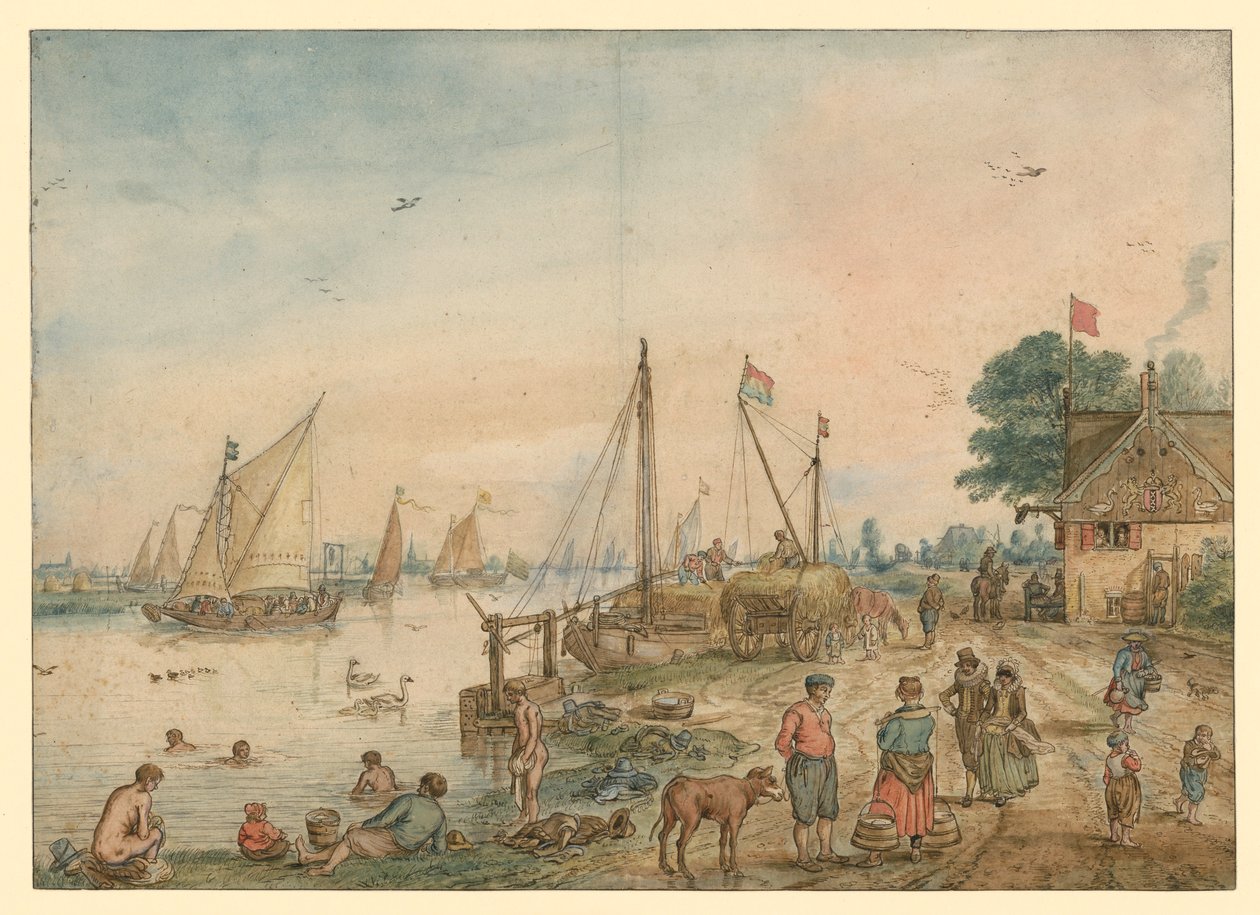 O Verão: paisagem fluvial com banhistas de Hendrick Avercamp