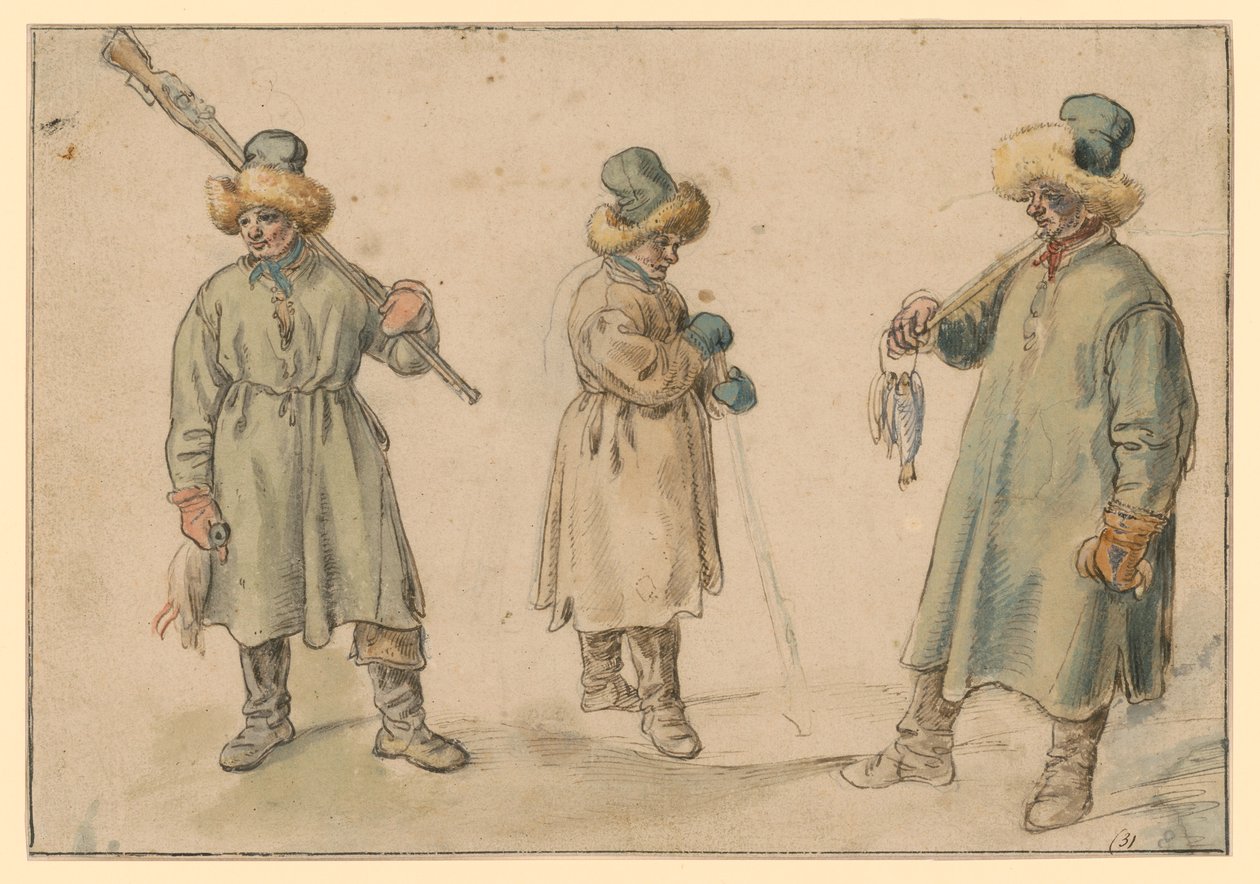 Três estudos de um camponês em roupa de inverno de Hendrick Avercamp