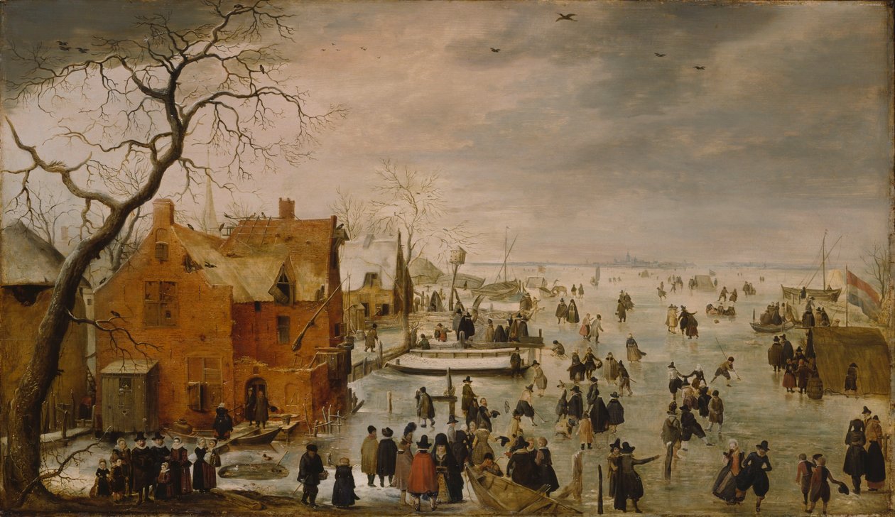 Holandês: IJslandschap / Patinagem no gelo Paisagem de inverno com numerosos patinadores de Hendrick Avercamp