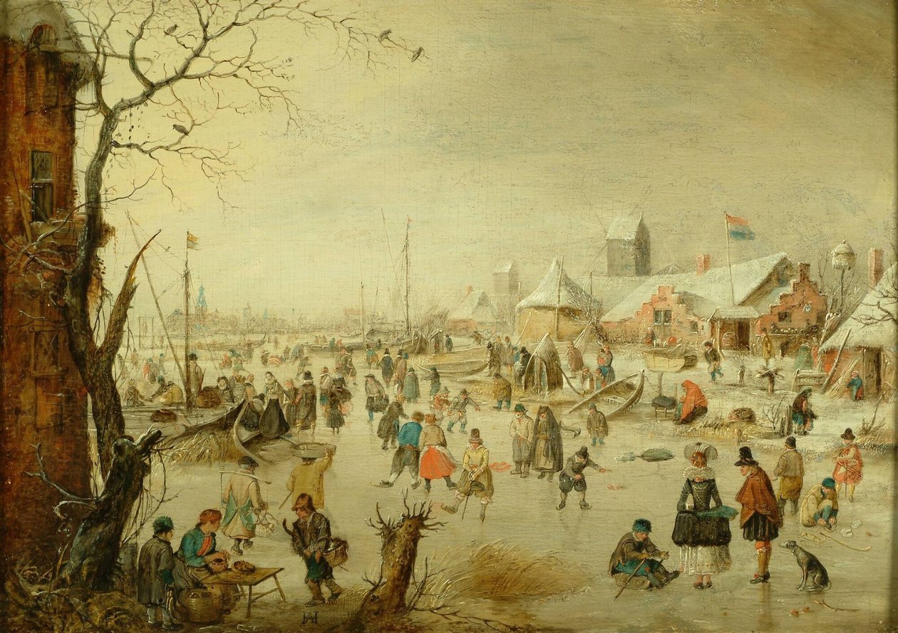 Holandês: Paisagem de inverno com patinadores no gelo Uma cena no gelo de Hendrick Avercamp