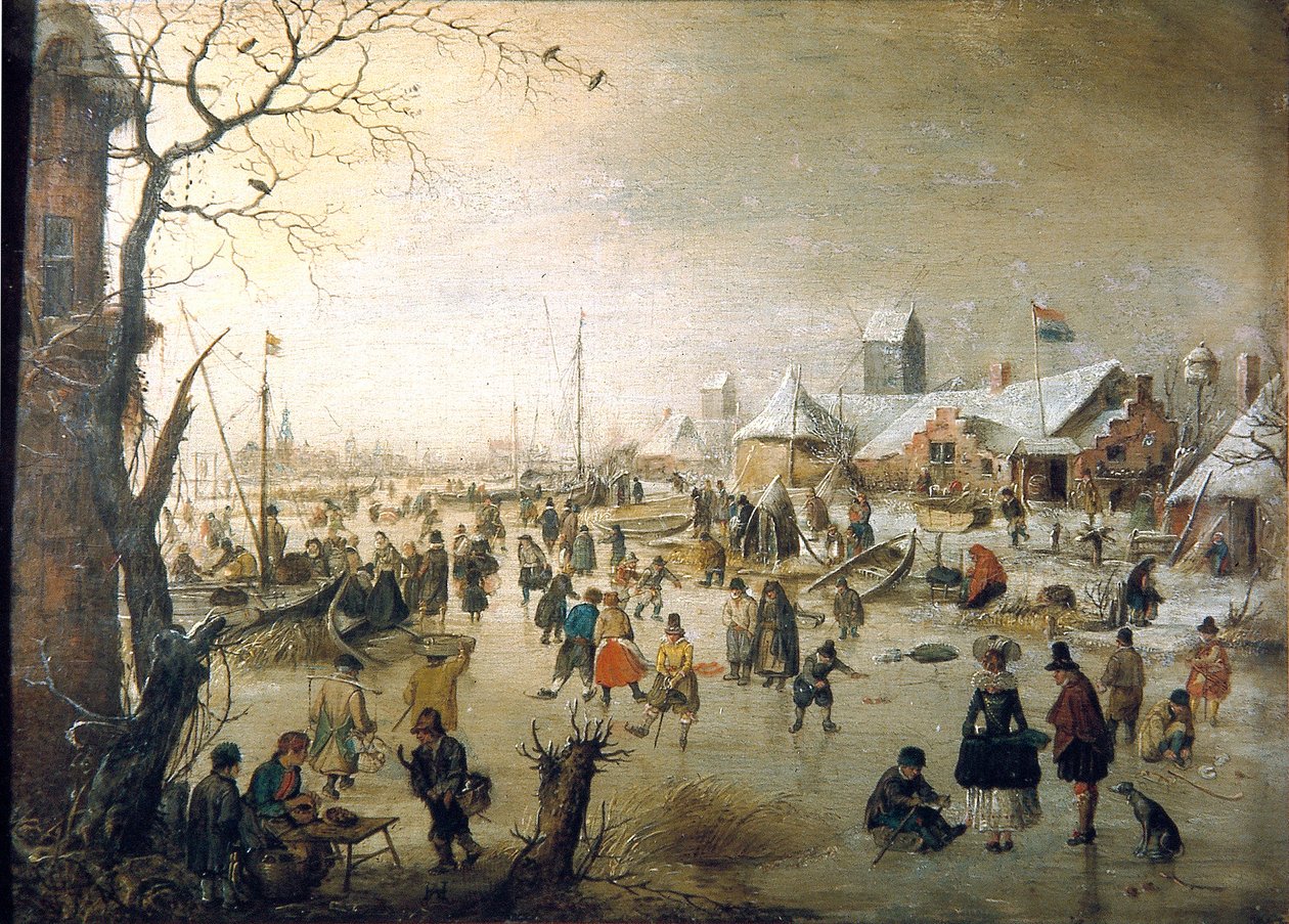 Holandês: Paisagem de inverno com patinadores no gelo Uma cena no gelo de Hendrick Avercamp