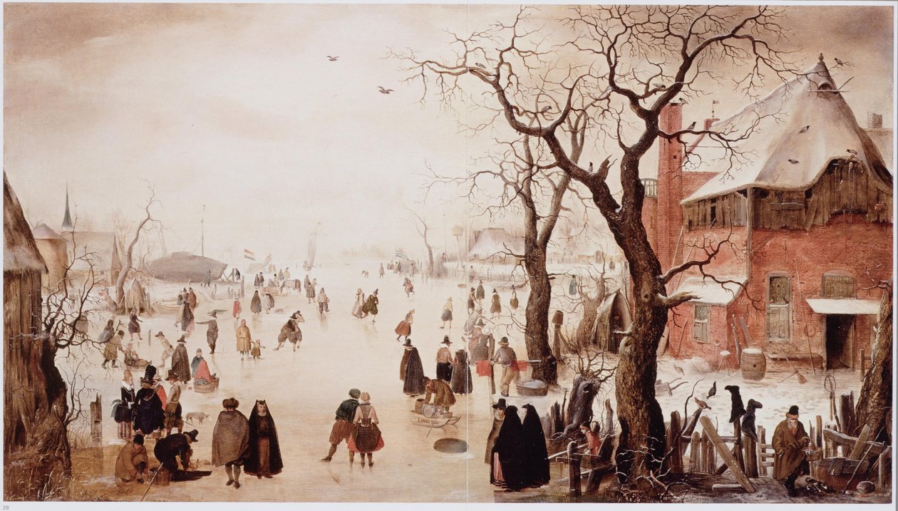 Holandês: Paisagem de inverno com patinadores perto de uma aldeia Paisagem de inverno com patinadores perto de uma aldeia de Hendrick Avercamp