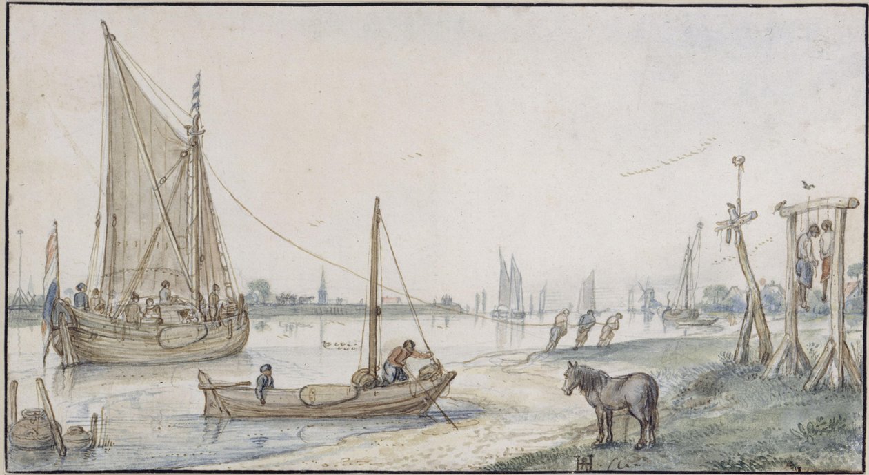 Paisagem fluvial, com um veleiro a remo; à direita, em primeiro plano, uma forca com dois enforcados de Hendrick Avercamp