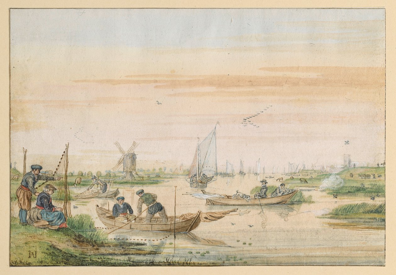 Paisagem de canal com pescadores e caçadores de corujas de Hendrick Avercamp