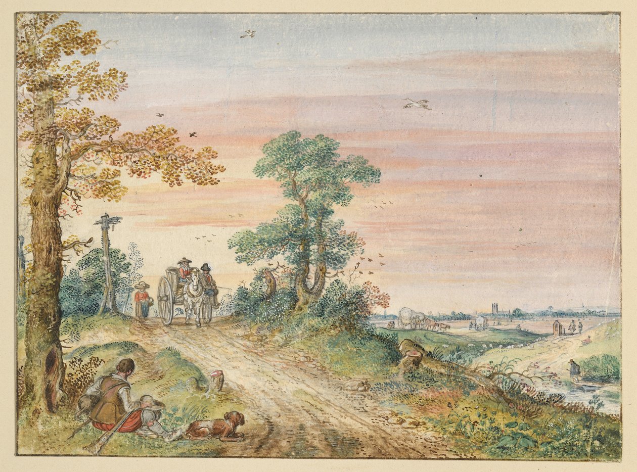 Estrada rural com uma carroça puxada por cavalos de Hendrick Avercamp