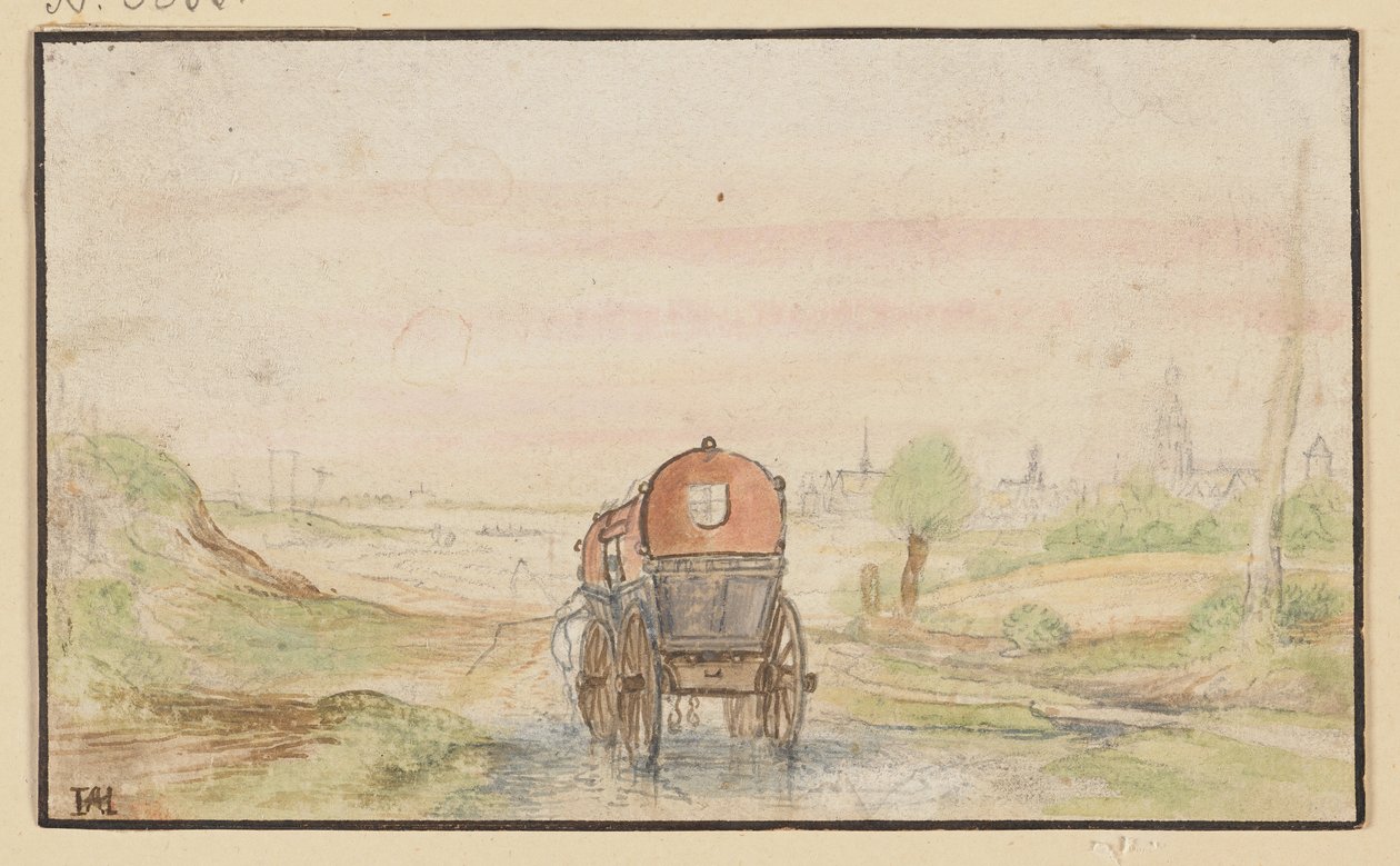 Estrada rural com uma carruagem vermelha de Hendrick Avercamp