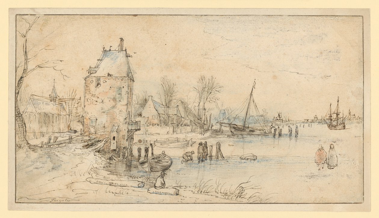 Localidade com torre de vigia e igreja à beira do lago de Hendrick Avercamp
