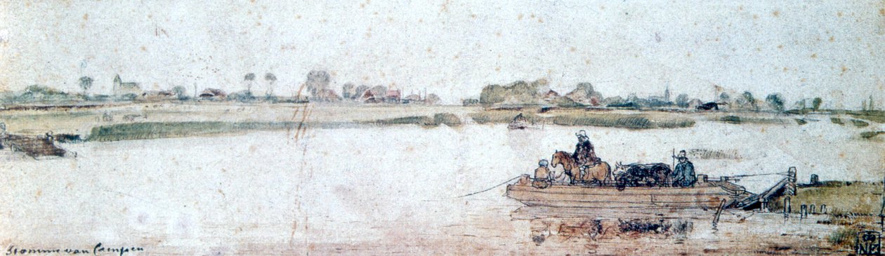Paisagem do rio com balsa de corda, início do século XVII. de Hendrick Avercamp