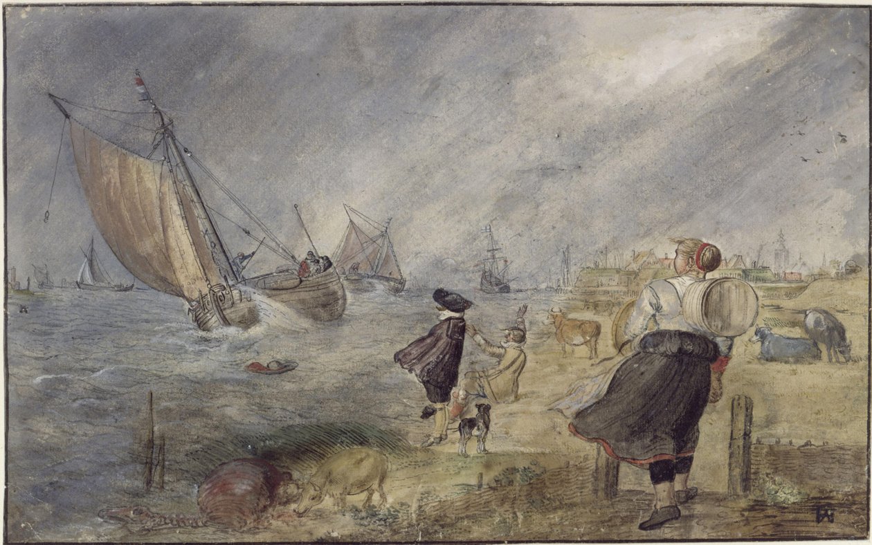 Margem de lago durante uma tempestade com figuras de Hendrick Avercamp