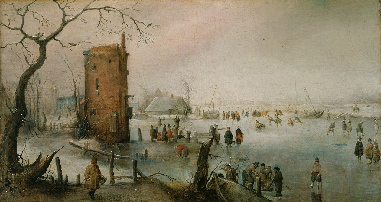 Patinar perto de uma cidade de Hendrick Avercamp