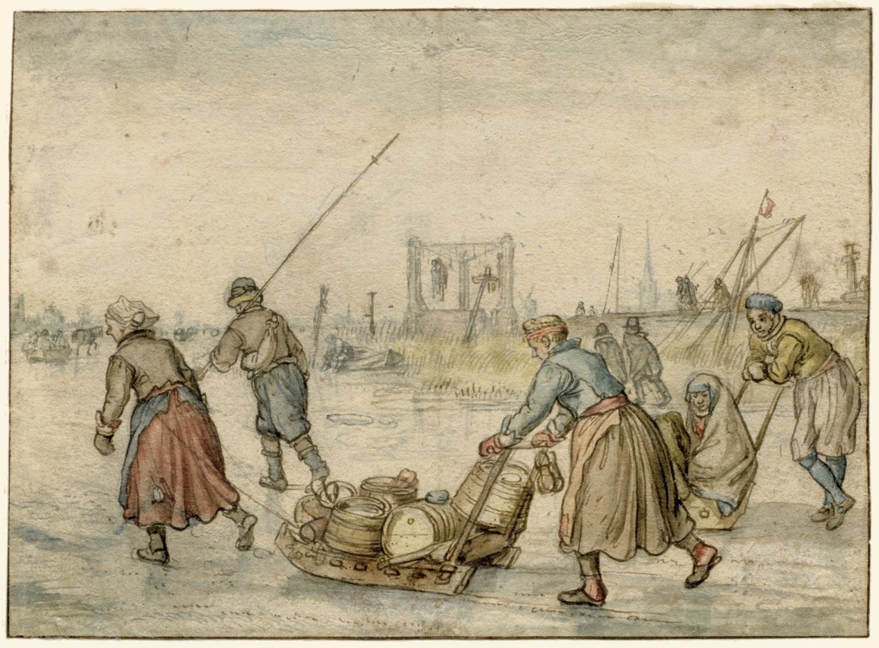 Paisagem de inverno com duas mulheres e um trenó e outras figuras no gelo, uma forca à distância de Hendrick Avercamp