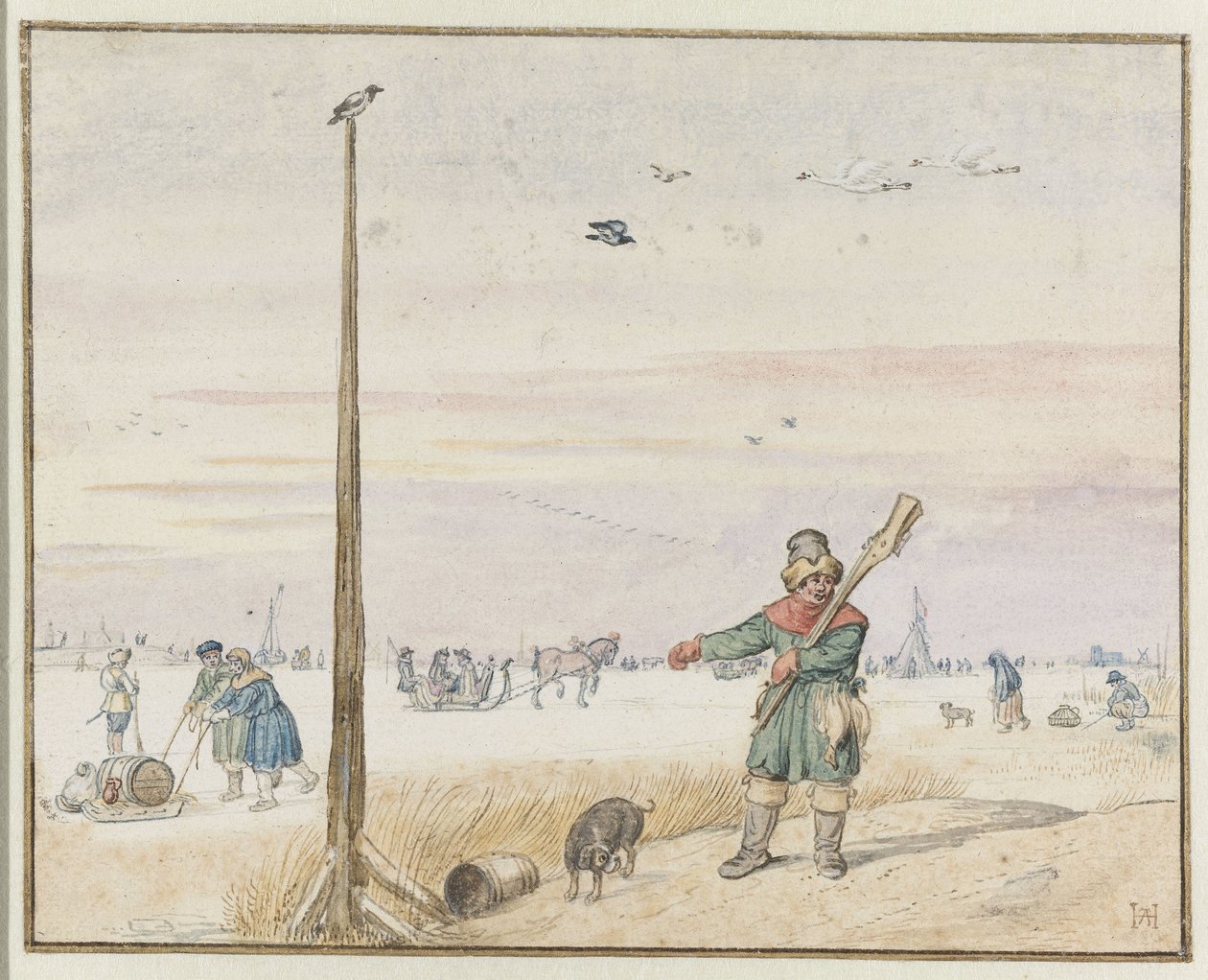 Paisagem de inverno com um caçador de patos com jogo em seu cinto e sua arma sobre o ombro na margem de um rio congelado de Hendrick Avercamp