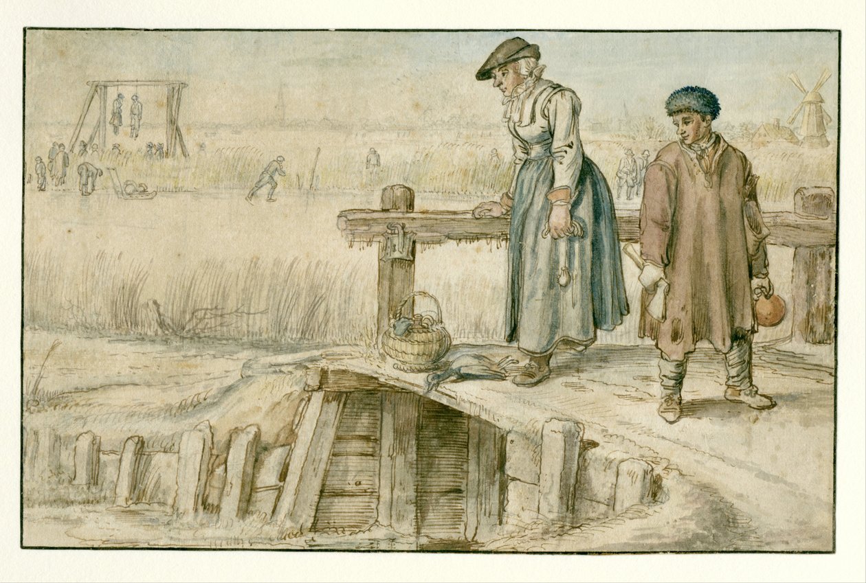 Paisagem de Inverno com uma Mulher e um Jovem numa Pequena Ponte, Patinadores e uma Galinha na Distância de Hendrick Avercamp