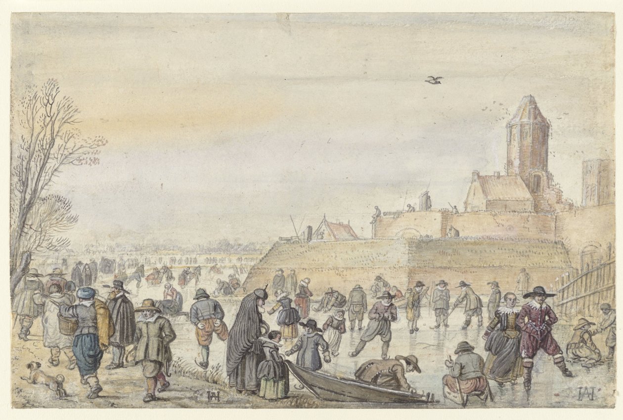 Cena de inverno no canal congelado perto do Kalverhekkenpoort, Kampen / verso: esboços de figuras no gelo de Hendrick Avercamp