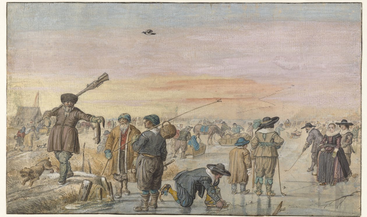 Cena de inverno no gelo, com um caçador mostrando uma lontra de Hendrick Avercamp