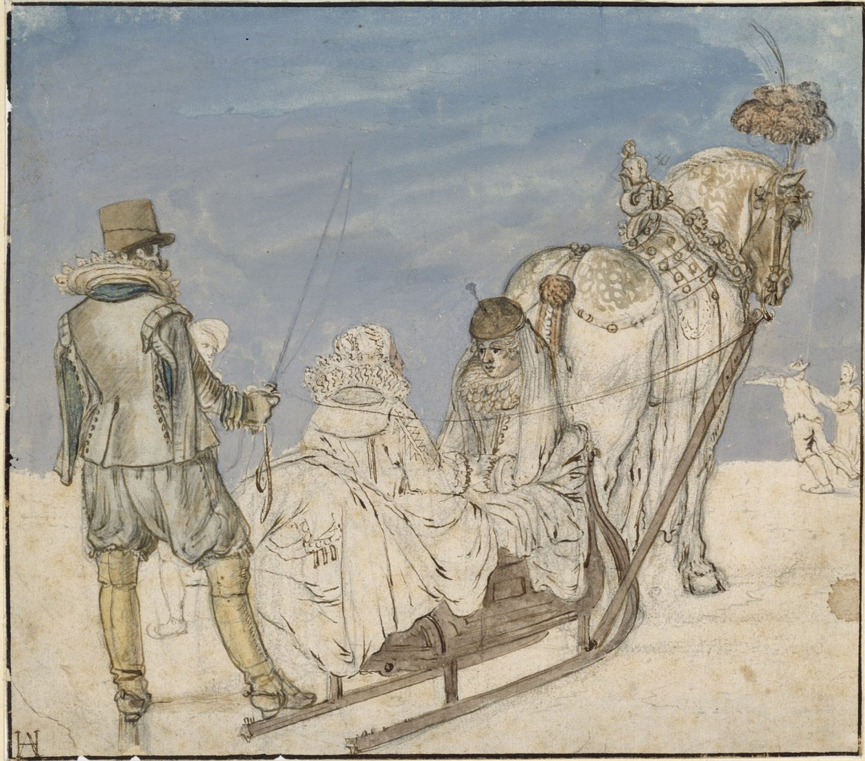 Inverno: trenós no gelo com duas damas e um cavalheiro de Hendrick Avercamp