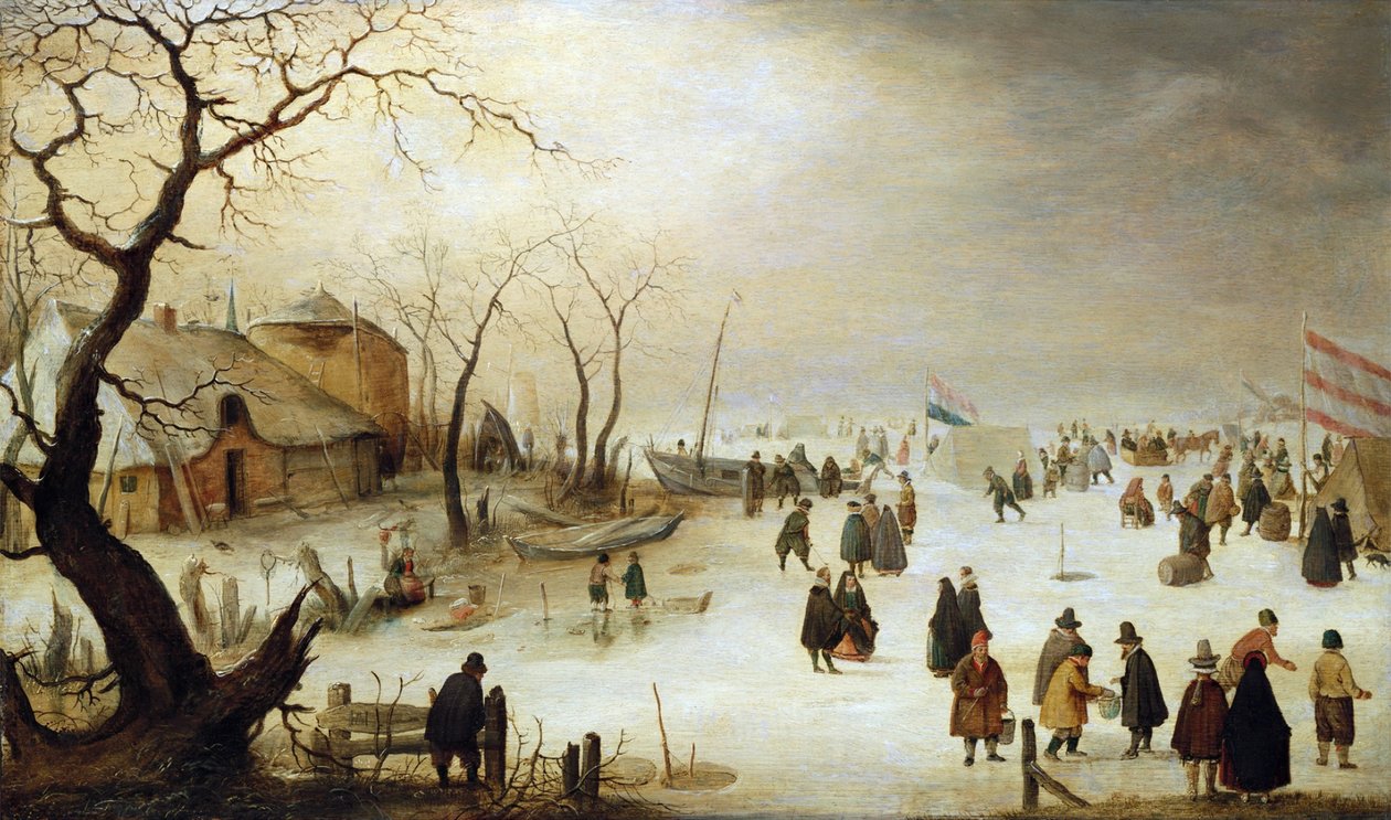 Paisagem de inverno com figuras e tendas no gelo de Hendrick Avercamp