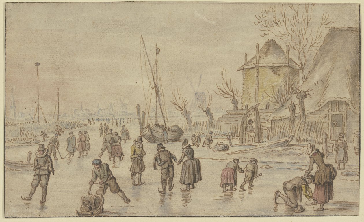 Paisagem de inverno, com muitos patinadores no gelo; à direita, um homem está a apertar os patins de uma mulher de Hendrick Avercamp