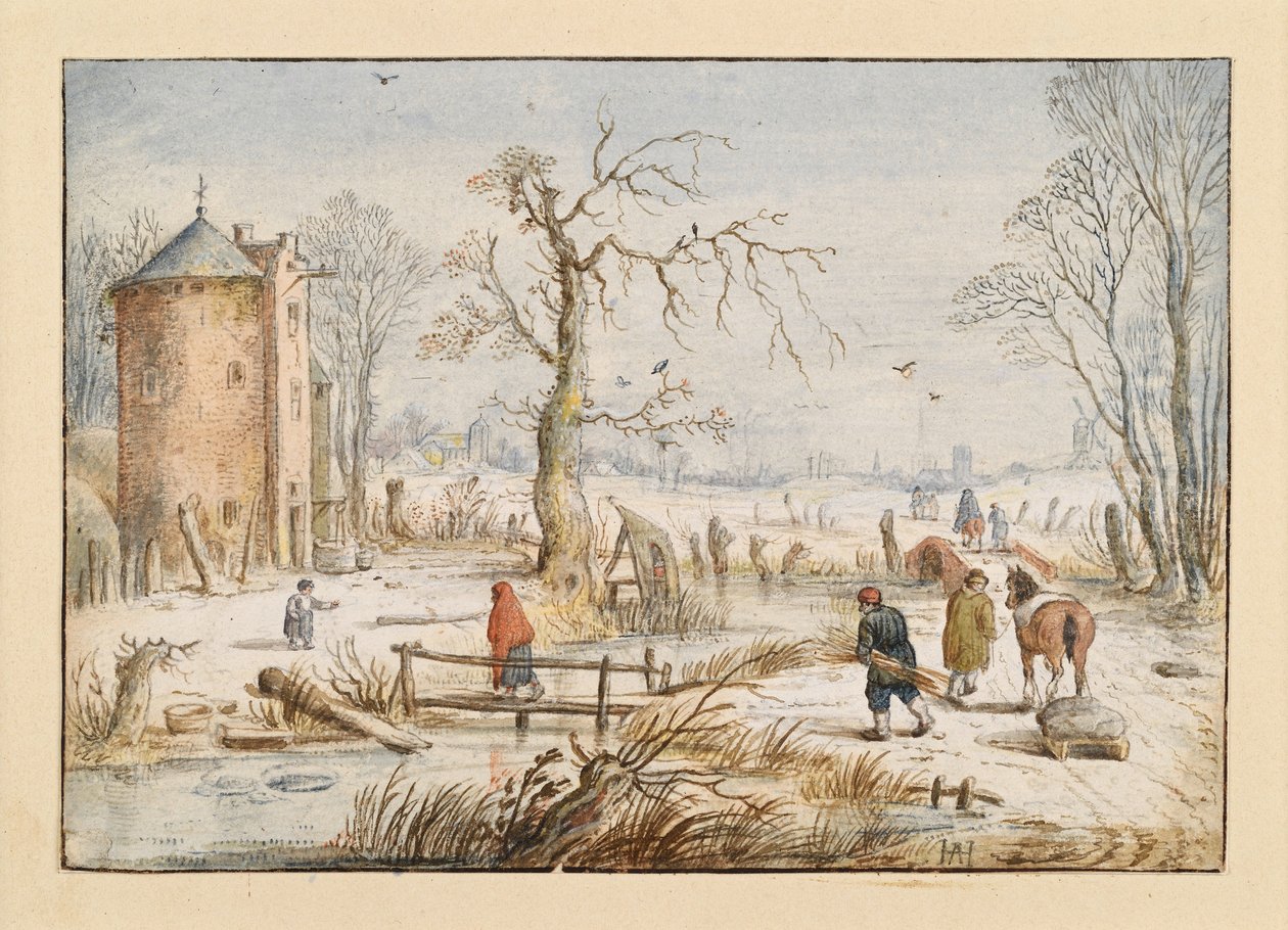 Paisagem de inverno com uma torre redonda de Hendrick Avercamp