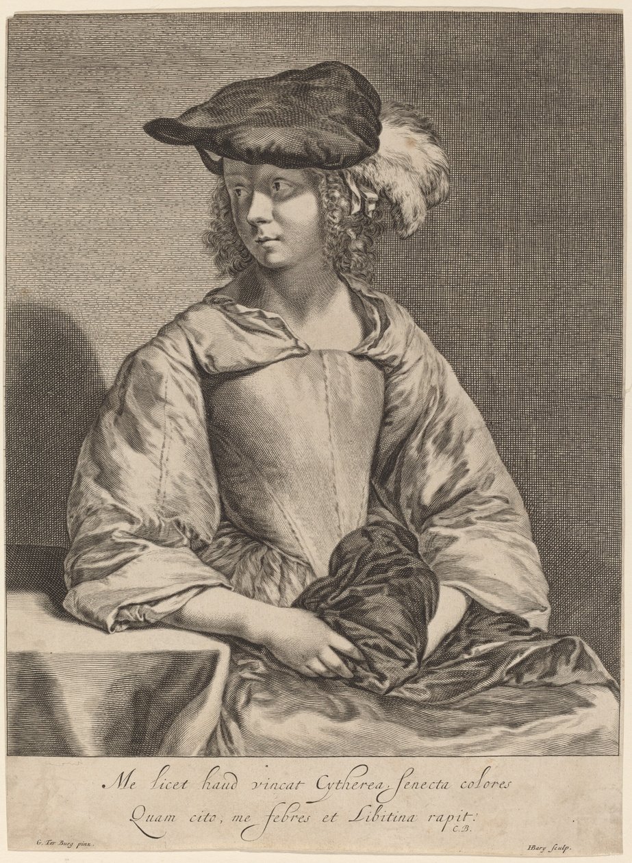 Garota de chapéu emplumado de Hendrick Bary after Gerard ter Borch the Younger