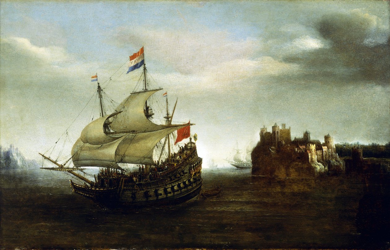 Um barco holandês a navegar junto a um castelo, perto de uma costa rochosa. Óleo sobre madeira de Hendrick Cornelisz Vroom