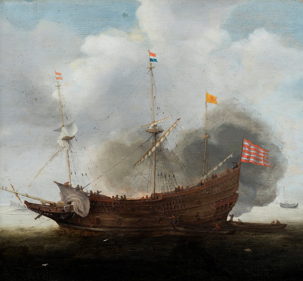 Um navio de guerra (óleo sobre painel) de Hendrick Cornelisz Vroom