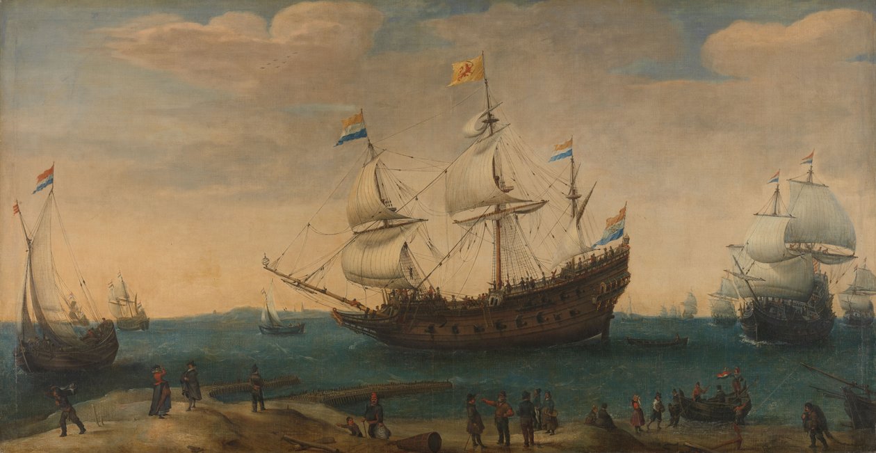 Navios das Índias Orientais ao largo de uma costa, c.1600-30 (óleo sobre tela) de Hendrick Cornelisz Vroom