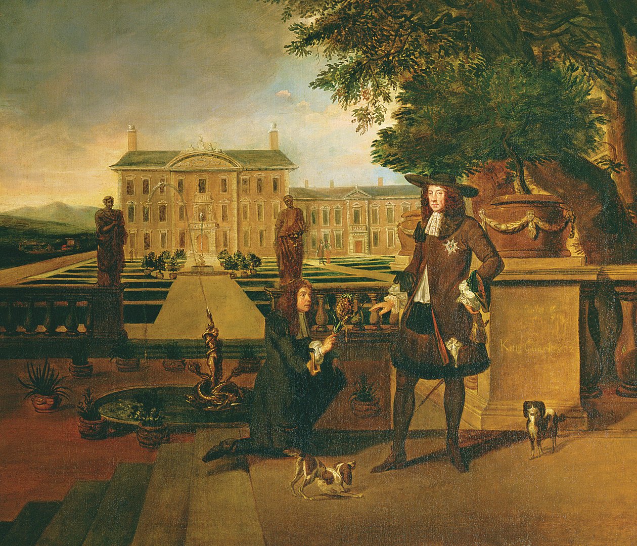 John Rose (c.1621-77) o jardineiro do rei, apresentando Charles II (1630-85) com um abacaxi, supostamente o primeiro cultivado na Inglaterra em Dorney Court em Berkshire de Hendrick Danckerts