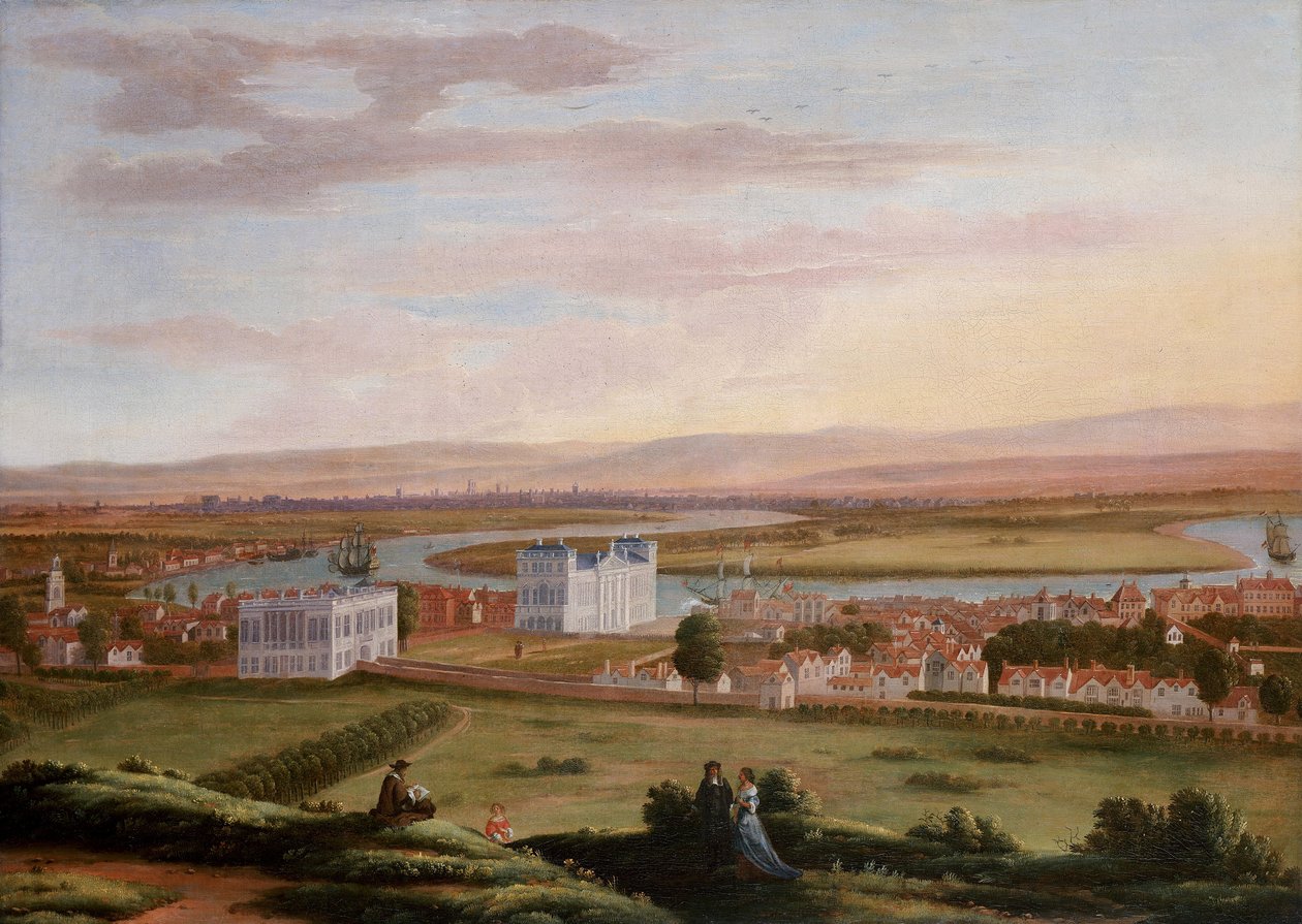 Vista de Greenwich e da Casa da Rainha a partir de sudeste, cerca de 1670, com a Old Woolwich Road a passar por baixo da Casa da Rainha à esquerda e a King