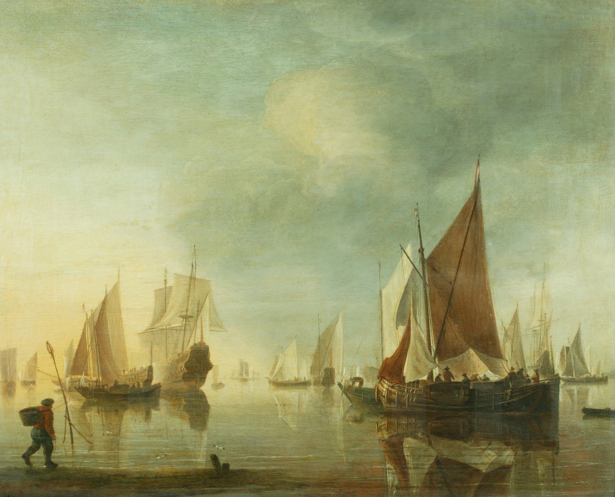 Navio ancorado ao largo num mar calmo; luz do entardecer, c.1650-60 (óleo sobre painel) de Hendrick Dubbels