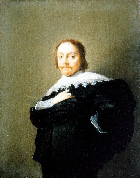 Um retrato de um cavalheiro de fato preto e colarinho de renda de Hendrick Gerritsz Pot