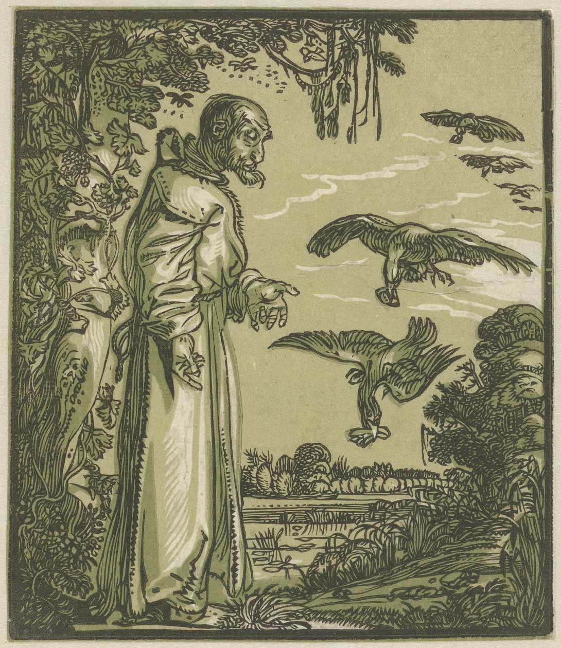 Paulo, o Eremita (Elias?) alimentado por corvos de Hendrick Goltzius (attributed to)