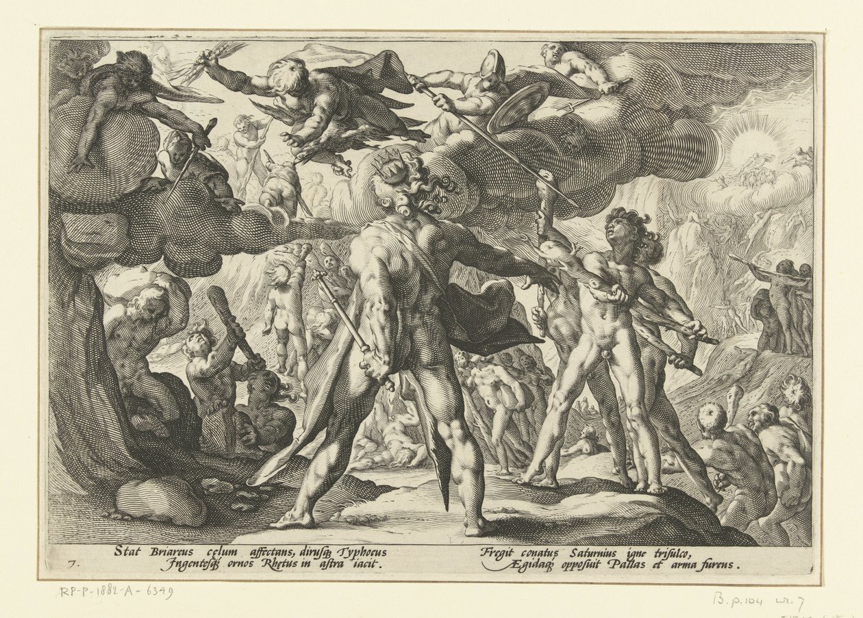 Ataque dos Gigantes no Mundo dos Deuses Metamorfoses de Ovídio (título da série) de Hendrick Goltzius (workshop of)
