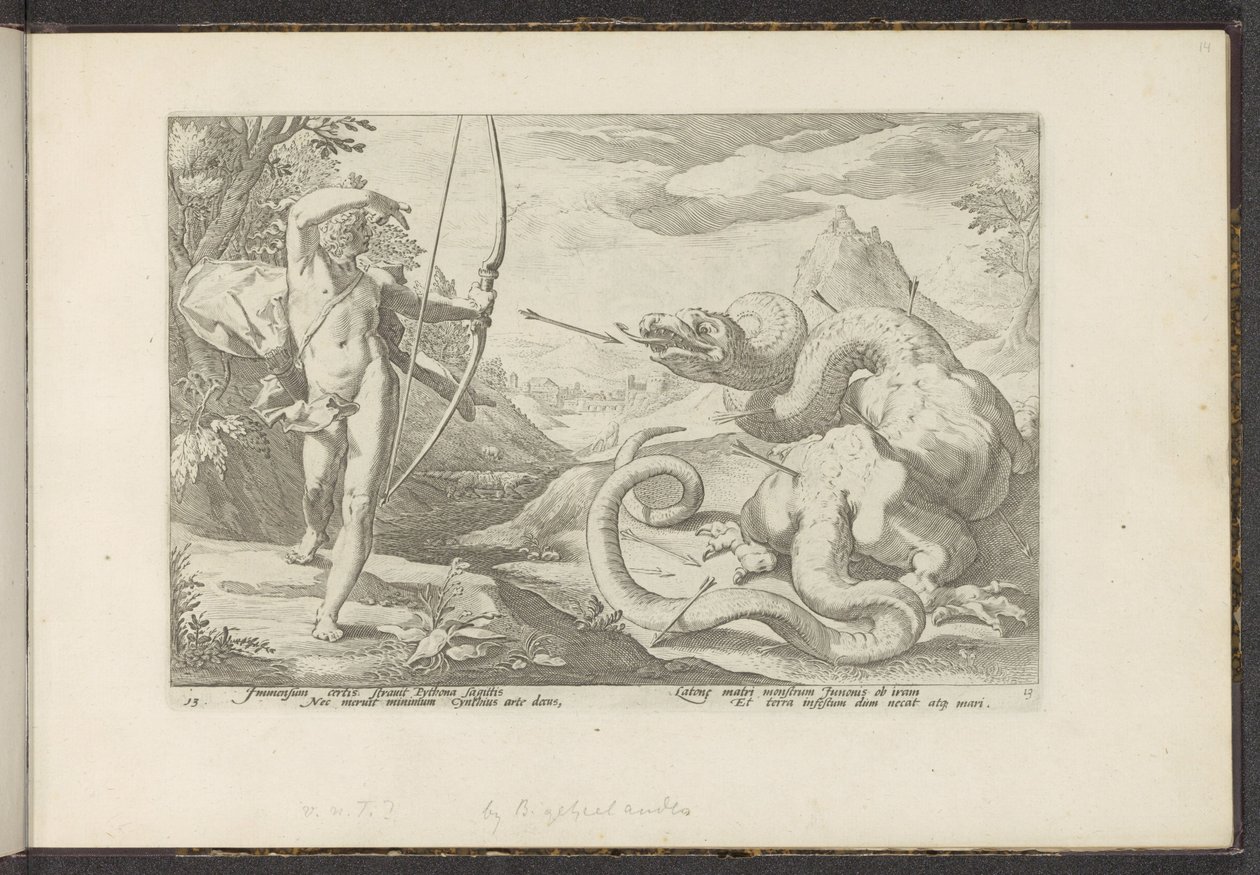 Apollo mata a cobra gigante Python
Metamorfoses de Ovid (título da série)
Recriações de P. Ovidius Naso (título da série) de Hendrick Goltzius (workshop of)
