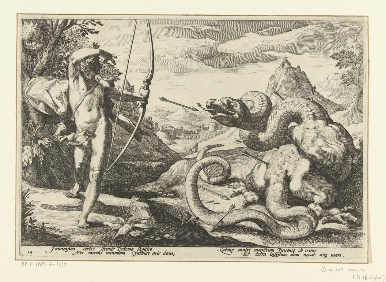 Apollo mata a cobra gigante Python
Metamorfoses de Ovid (título da série) de Hendrick Goltzius (workshop of)