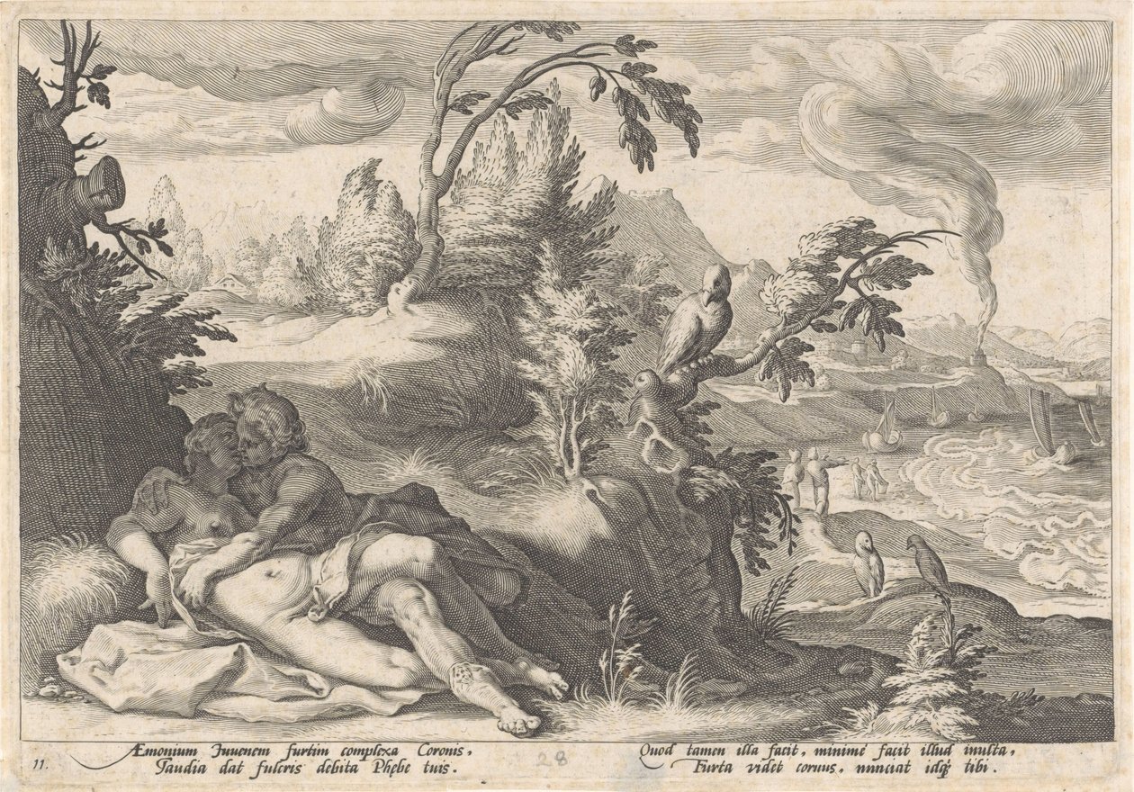 Apolo em Coronis Metamorfosen van Ovidius (título da série) de Hendrick Goltzius (workshop of)