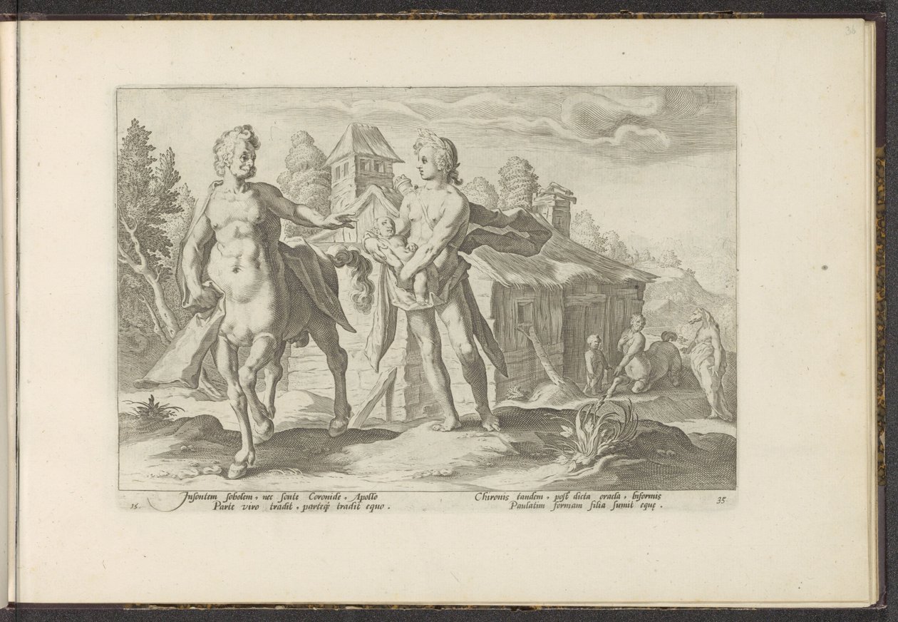 Apolo confia Asclépio a Quíron Metamorfoses de Ovídio (título da série) Recriações de P. Ovidius Naso (título da série) de Hendrick Goltzius (workshop of)