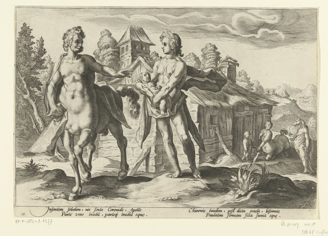 Apollo confia Asclepius ao Chiron
Metamorfoses de Ovid (título da série) de Hendrick Goltzius (workshop of)