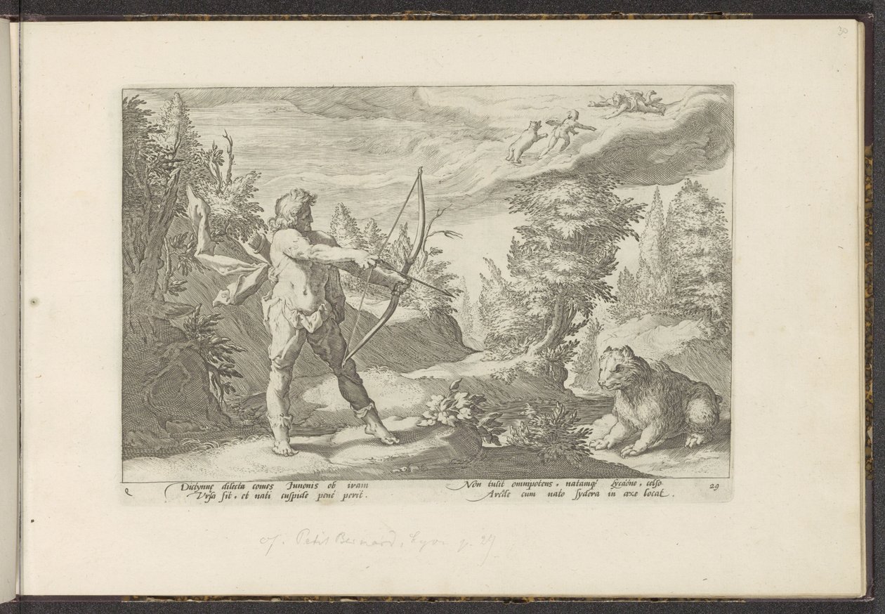 Arcas aponta a sua flecha para Callisto
Metamorfoses de Ovid (título da série)
Recriações de P. Ovidius Naso (título da série) de Hendrick Goltzius (workshop of)