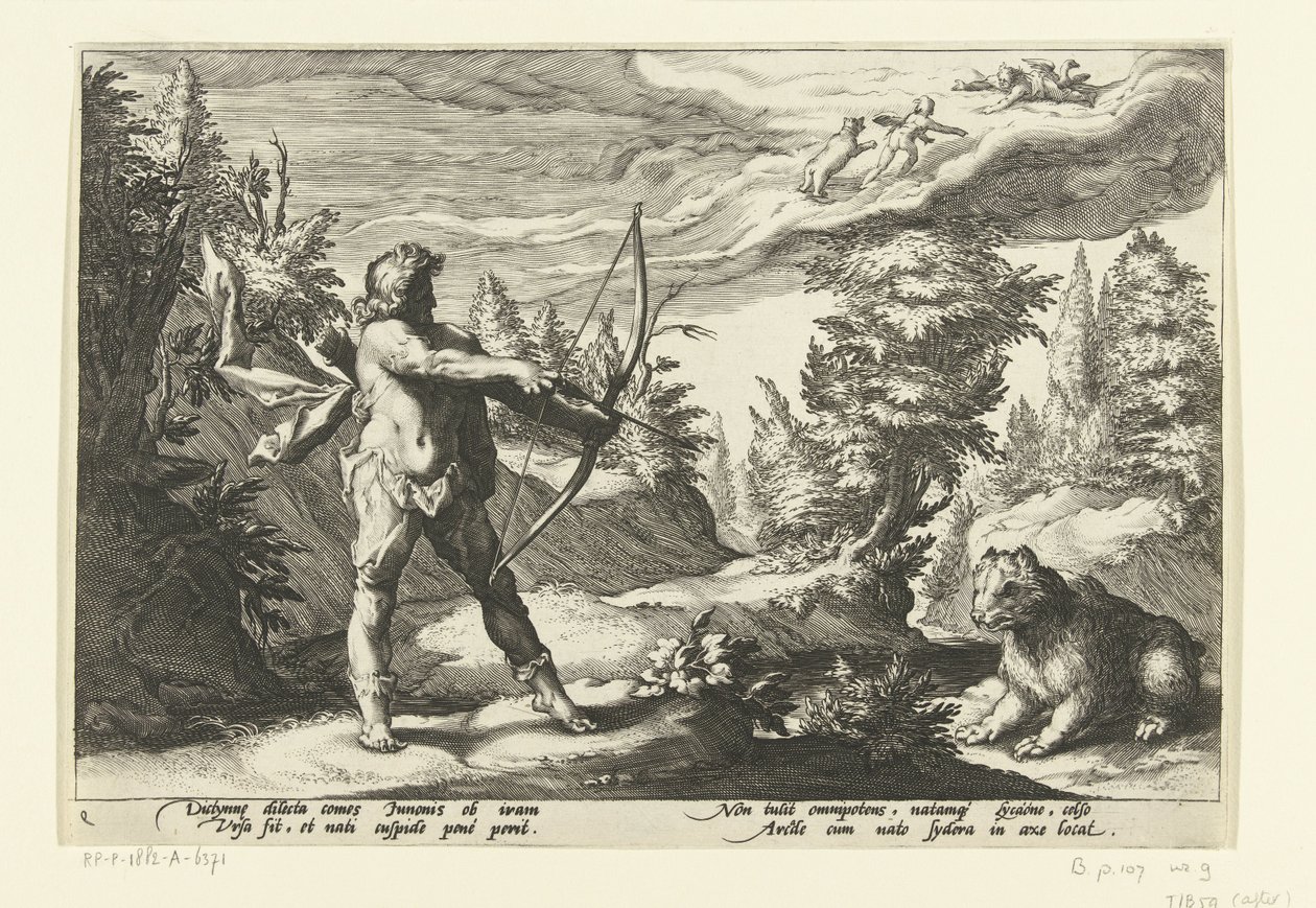Arcas aponta a sua flecha para Callisto
Metamorfoses de Ovid (título da série) de Hendrick Goltzius (workshop of)