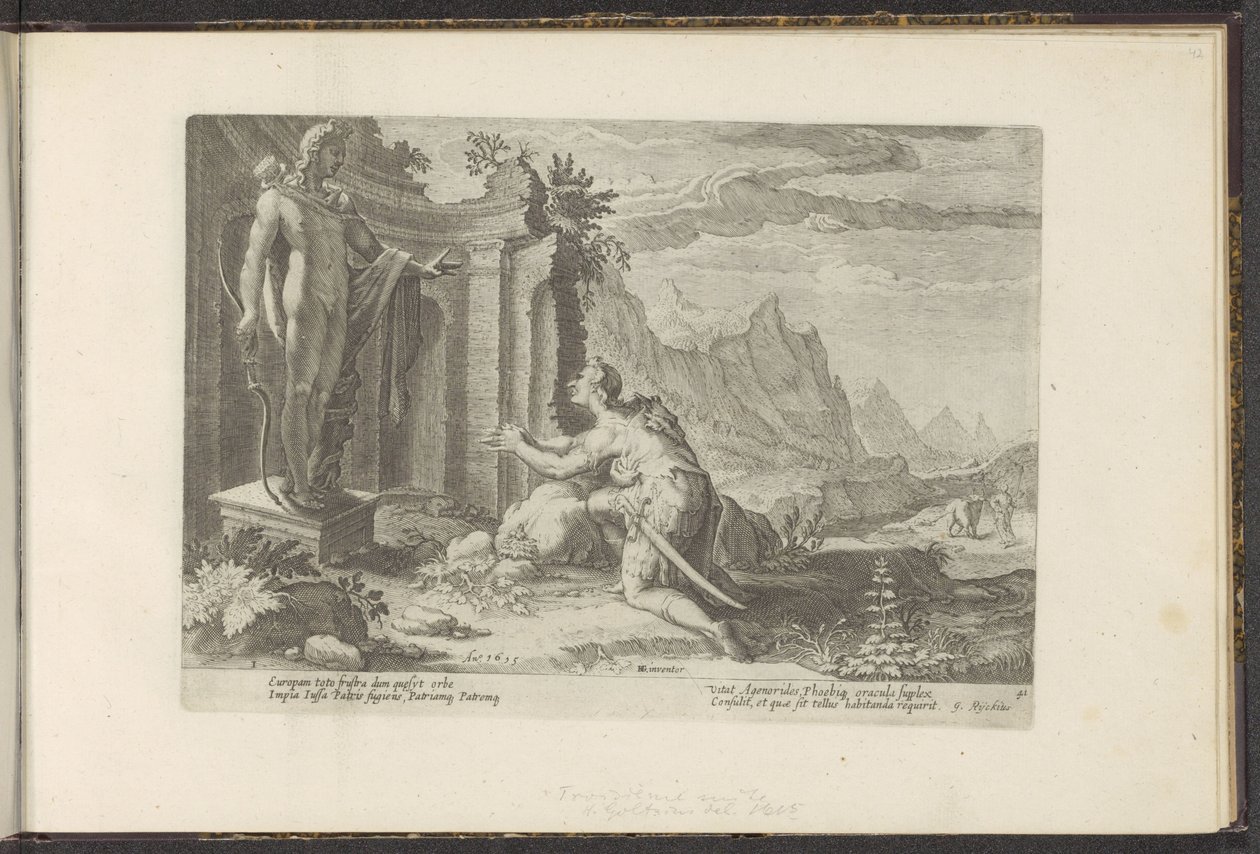Cadmus pergunta ao oráculo de Delfos o que fazer agora que ele não conseguiu encontrar a sua irmã Europa
Metamorfoses de Ovid (título da série)
Recriações de P. Ovidius Naso (título da série) de Hendrick Goltzius (workshop of)
