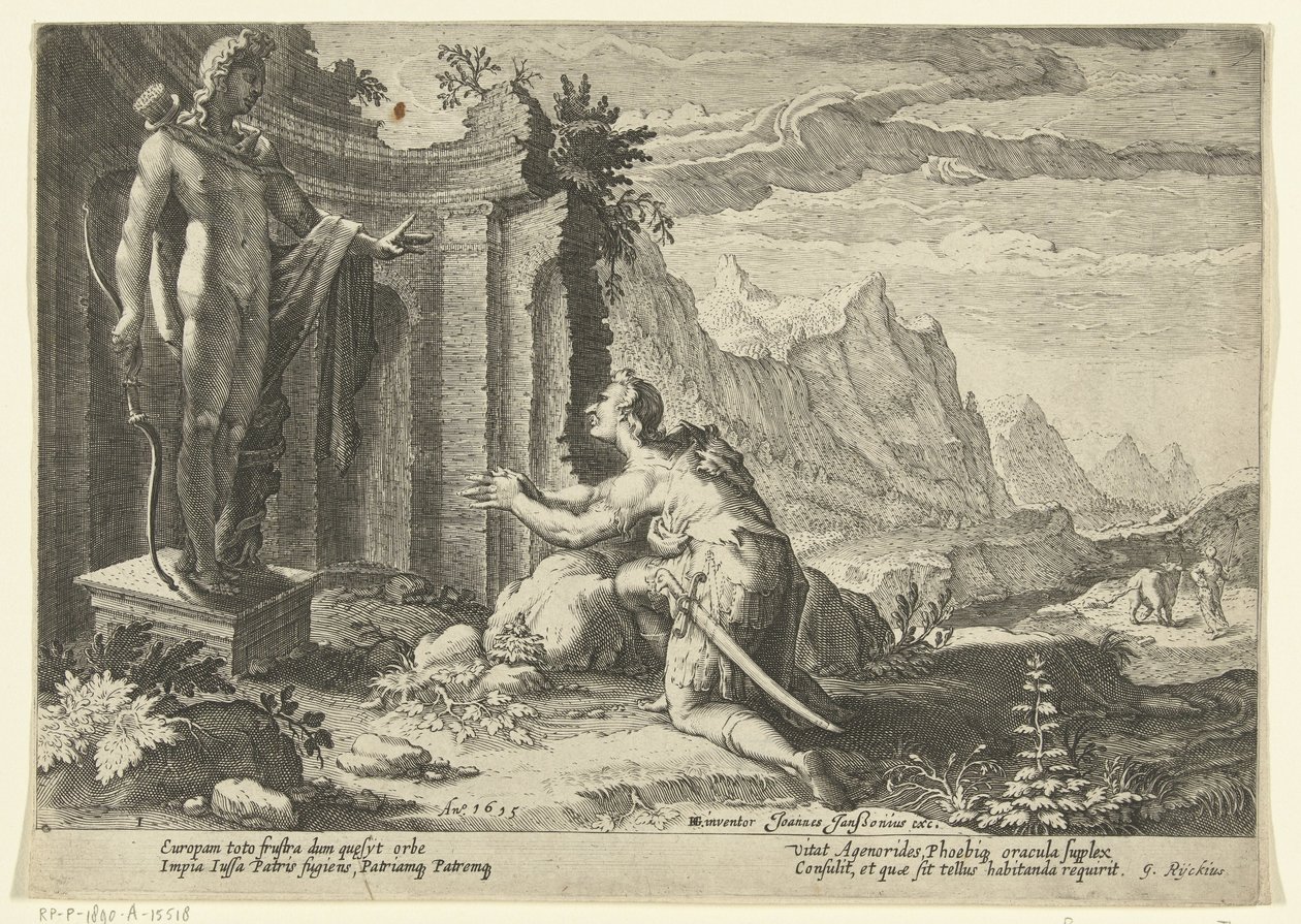 Cadmus pergunta ao oráculo de Delfos o que fazer agora que ele não conseguiu encontrar a sua irmã Europa
Metamorfoses de Ovid (título da série) de Hendrick Goltzius (workshop of)