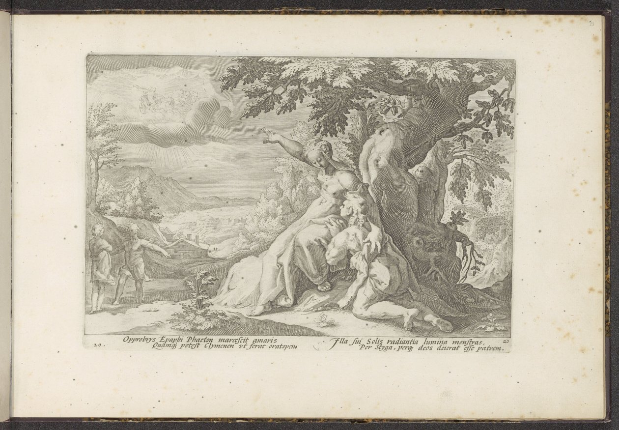 Clymene aponta a Phaëthon o seu pai, o deus sol
Metamorfoses de Ovid (título da série)
Recriações de P. Ovidius Naso (título da série) de Hendrick Goltzius (workshop of)