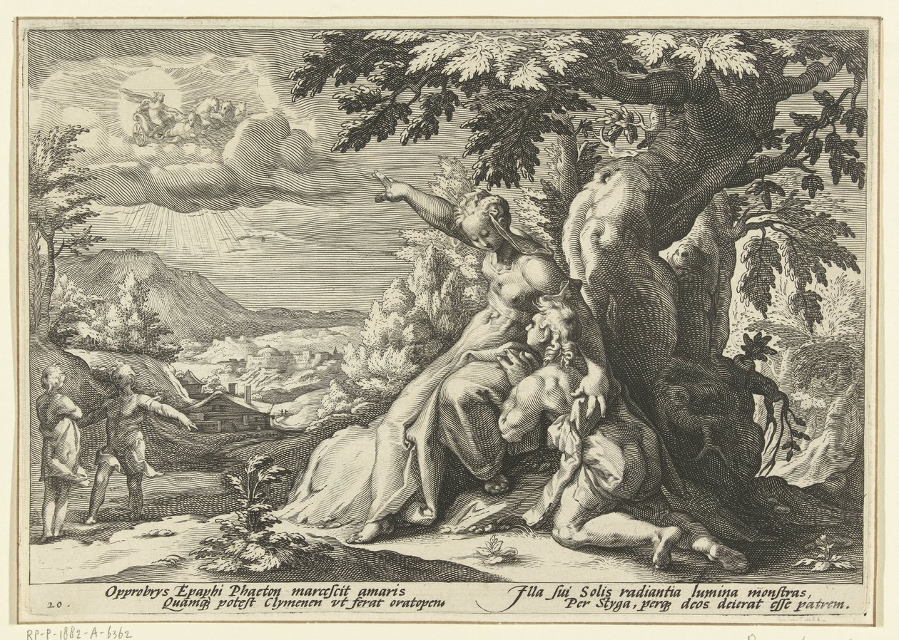 Clymene aponta a Phaëthon o seu pai, o deus sol
Metamorfoses de Ovid (título da série) de Hendrick Goltzius (workshop of)