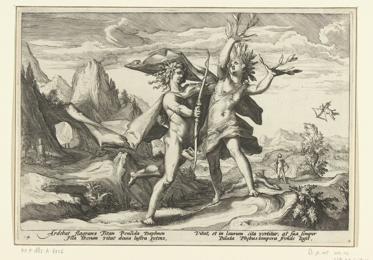 Daphne transforma-se numa árvore de louro
Metamorfoses de Ovid (título da série) de Hendrick Goltzius (workshop of)