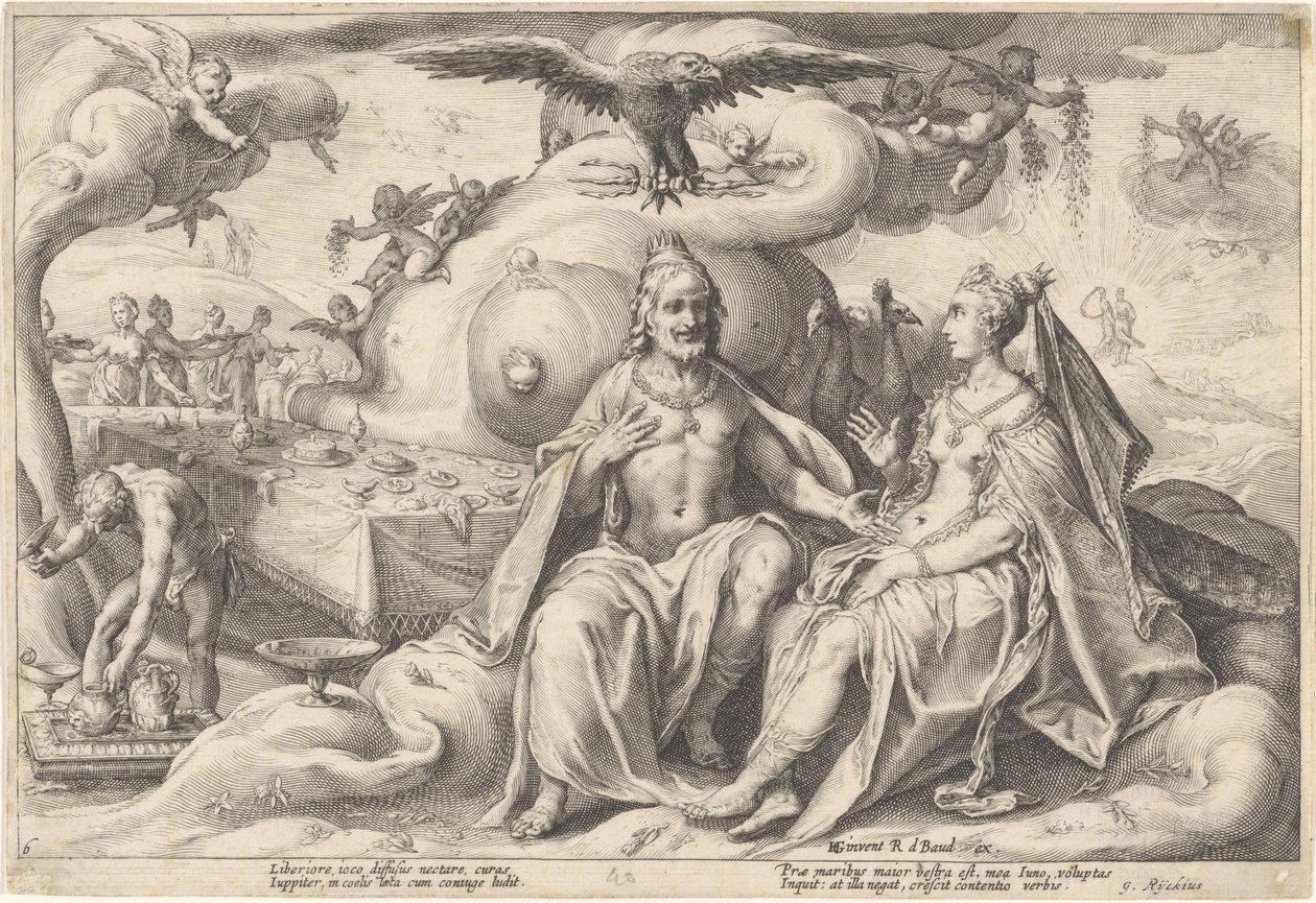 Discussão entre Júpiter e Juno
Metamorfoses por Ovid (título da série) de Hendrick Goltzius (workshop of)