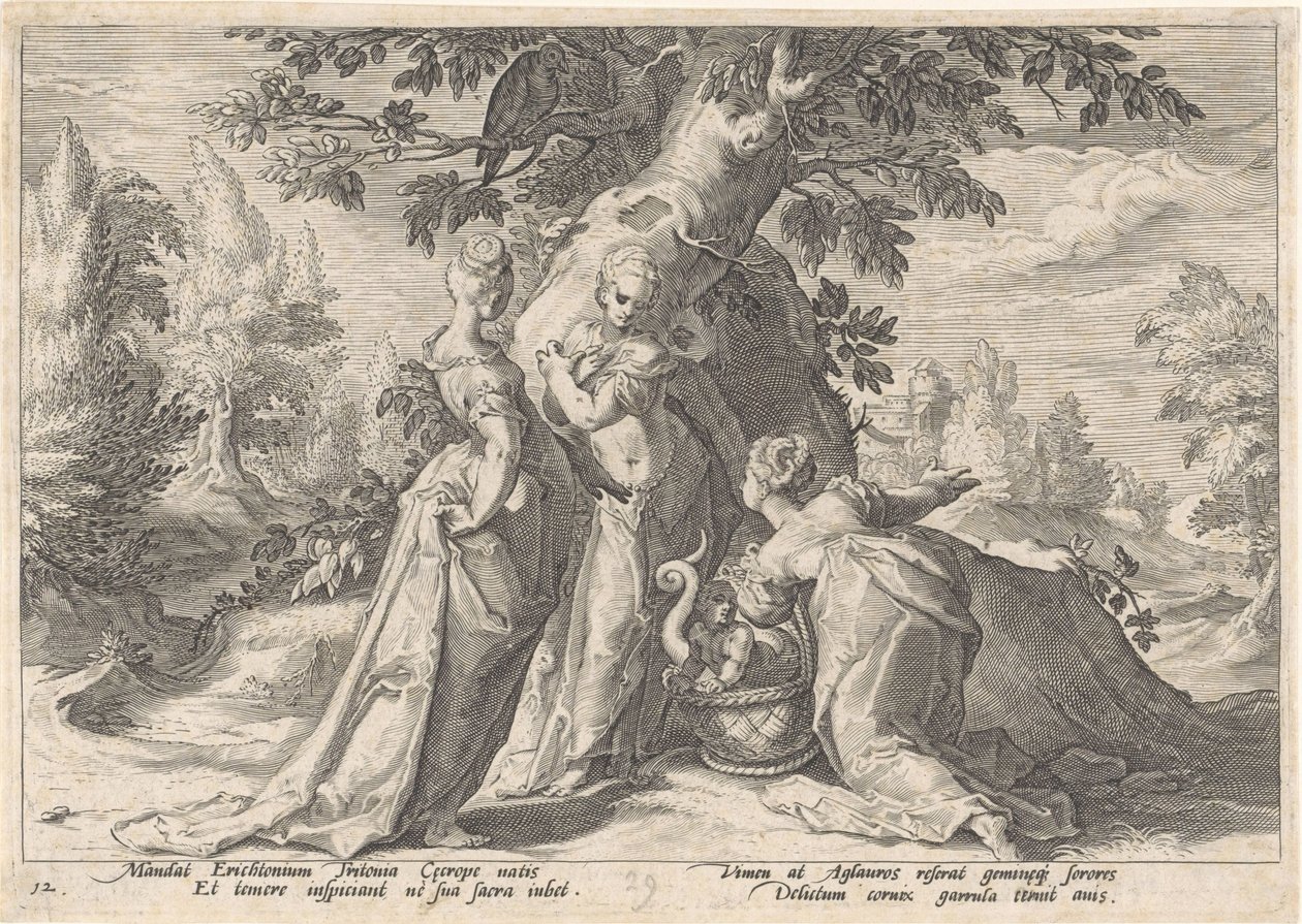 Filhas de Cecrops abrem a cesta de Minerva. Metamorfoses de Ovídio (título da série) de Hendrick Goltzius (workshop of)