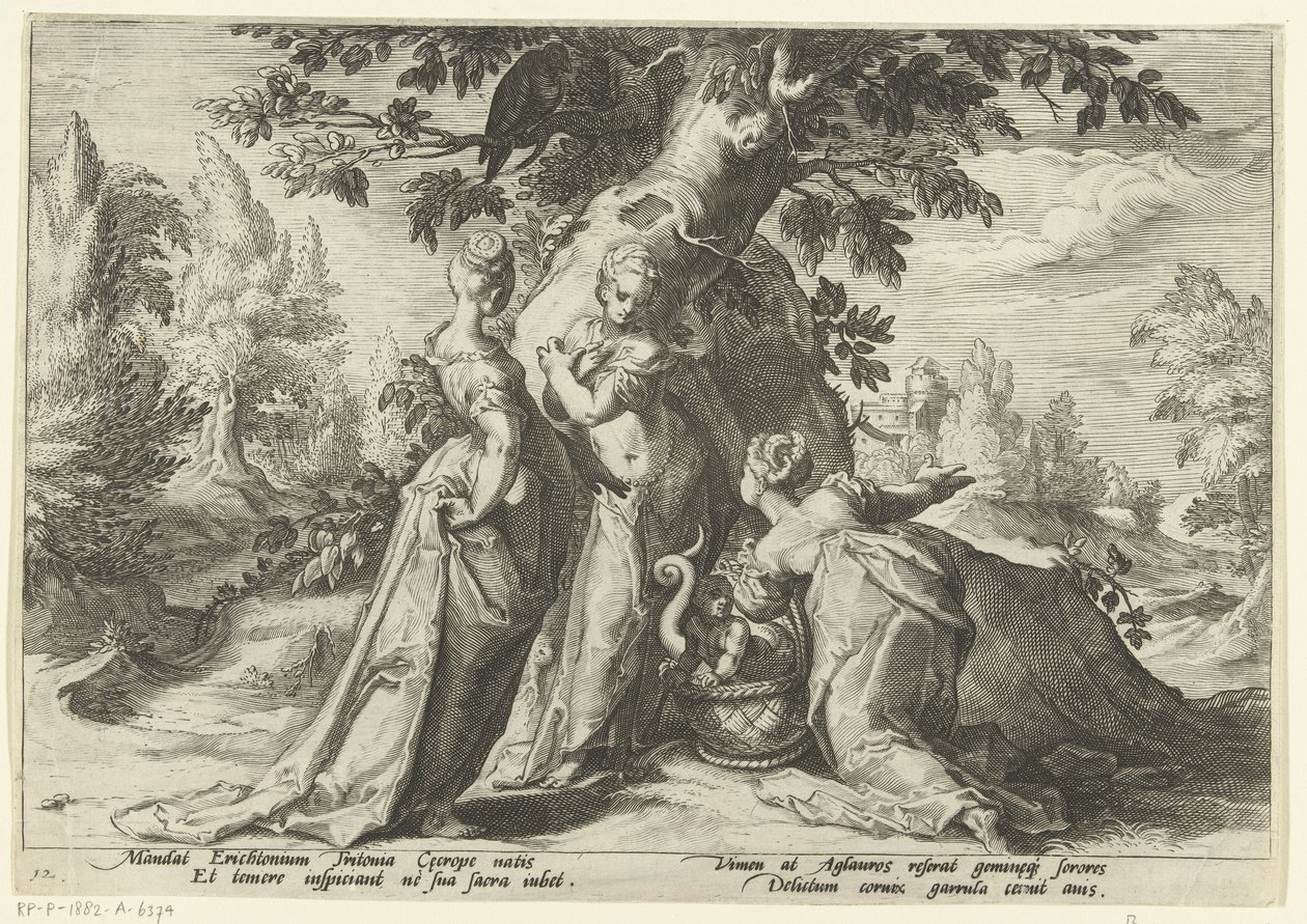 Filhas de Cecrops abrem a cesta de Minerva. Metamorfoses de Ovídio (título da série) de Hendrick Goltzius (workshop of)