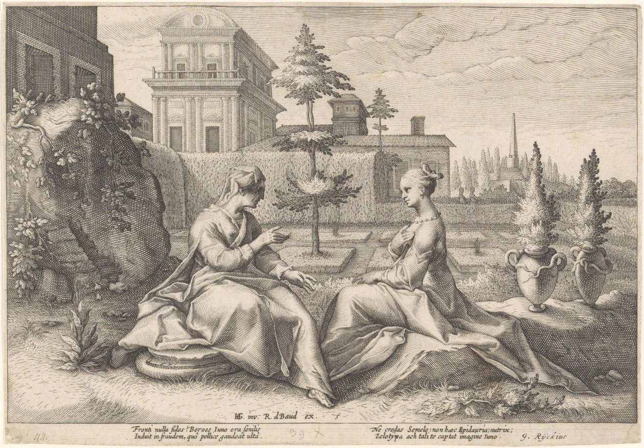 Juno aproxima-se de Semele com o disfarce de Beroë
Metamorfoses por Ovid (título da série) de Hendrick Goltzius (workshop of)